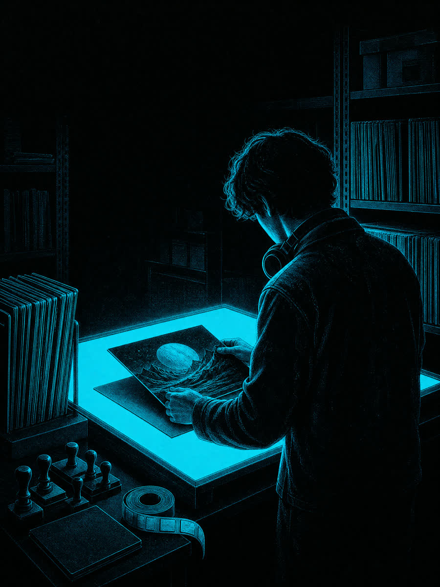 The Editor: a night-shift conservator placing album artwork onto a sleeve at a glowing light table