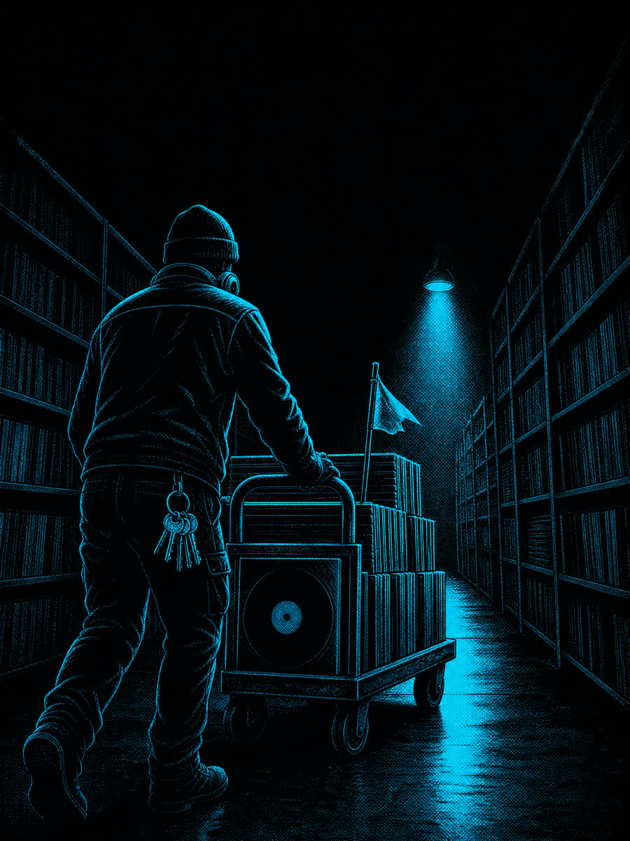 The Janitor: a night-shift caretaker wheeling a cart of duplicate records down a dark archive corridor