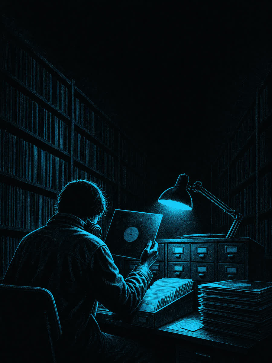 The Researcher: a night-shift archivist checking a record sleeve against a card catalog under a desk lamp