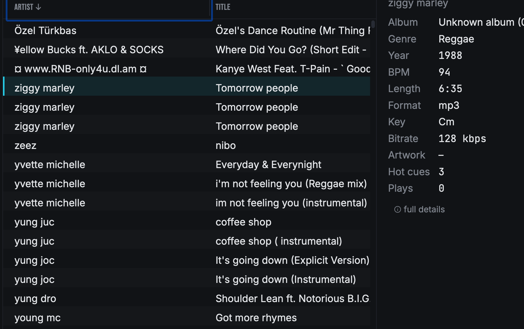 The Vault library browser table with real tracks
