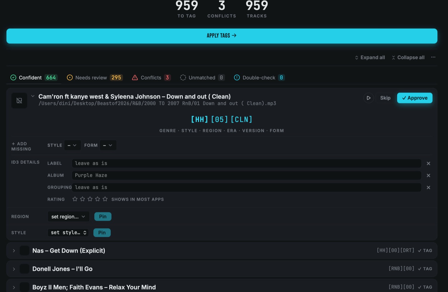 The Editor's real review surface: 959 tracks to tag, confidence tabs, an expanded suggestion card with genre, era and version codes plus Skip and Approve