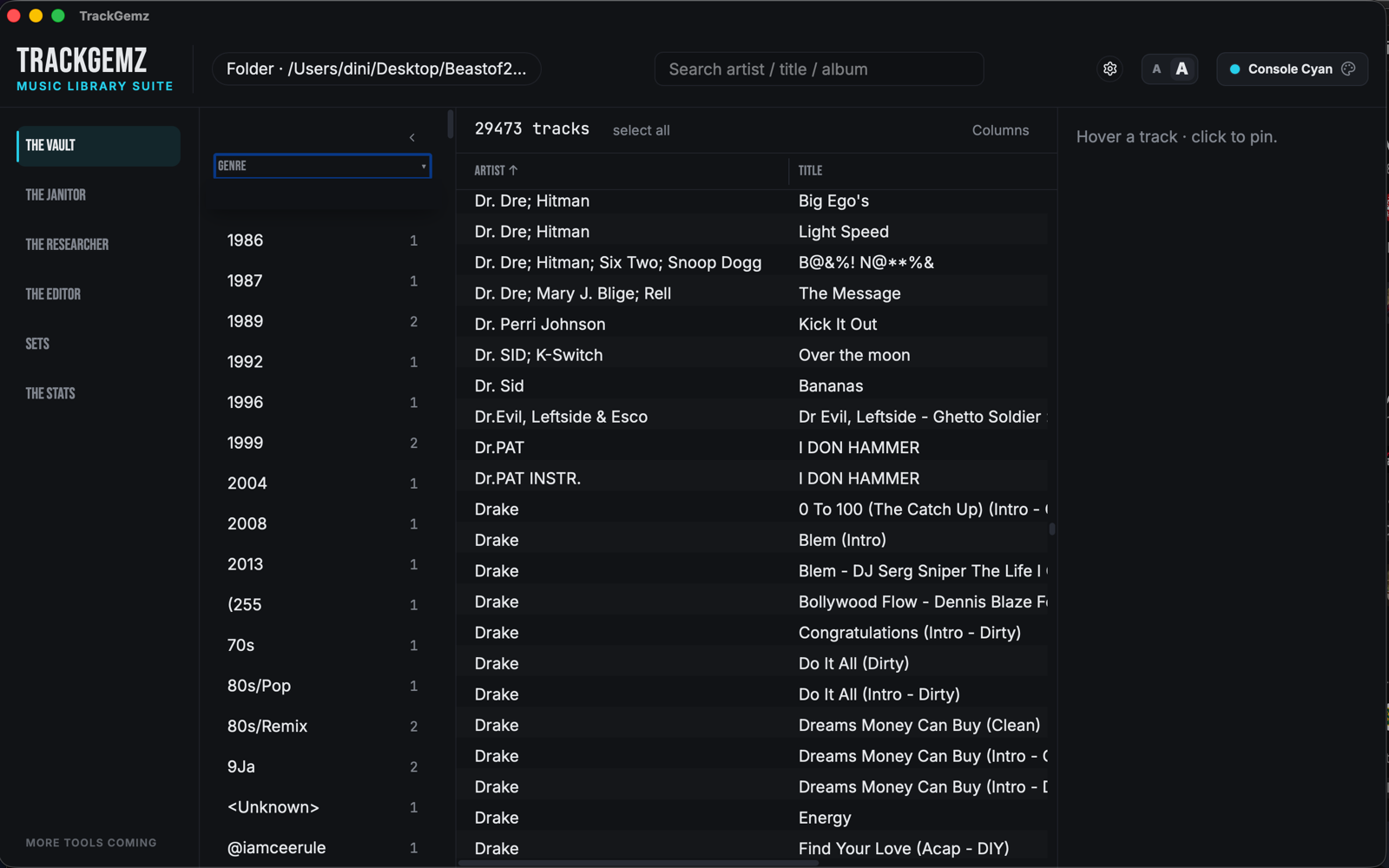 The Vault in TrackGemz showing 29,473 tracks with a pinned track card and bulk fix actions