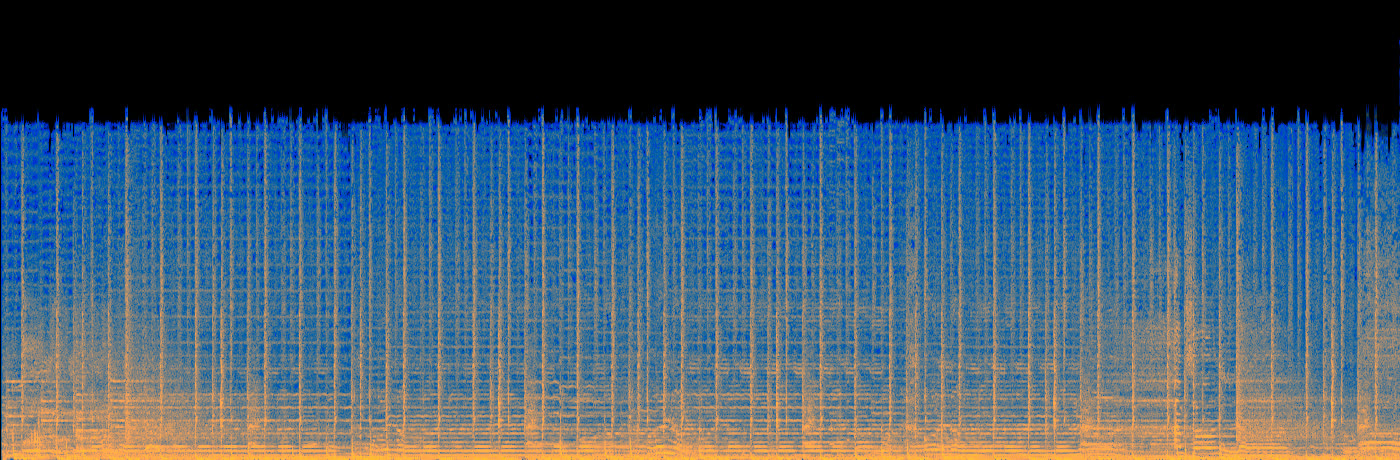 Spectrogram of the same track after a 128 kbps round trip, hard cutoff near 16 kHz